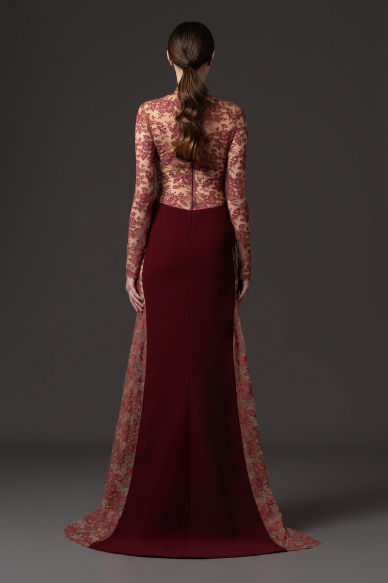 Crêpe gown with lace bodice and side cutouts
