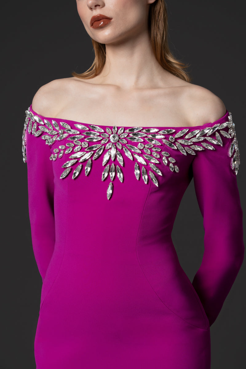 A fitted crêpe dress with an off-the-shoulder neckline detailed with crystal embroidery