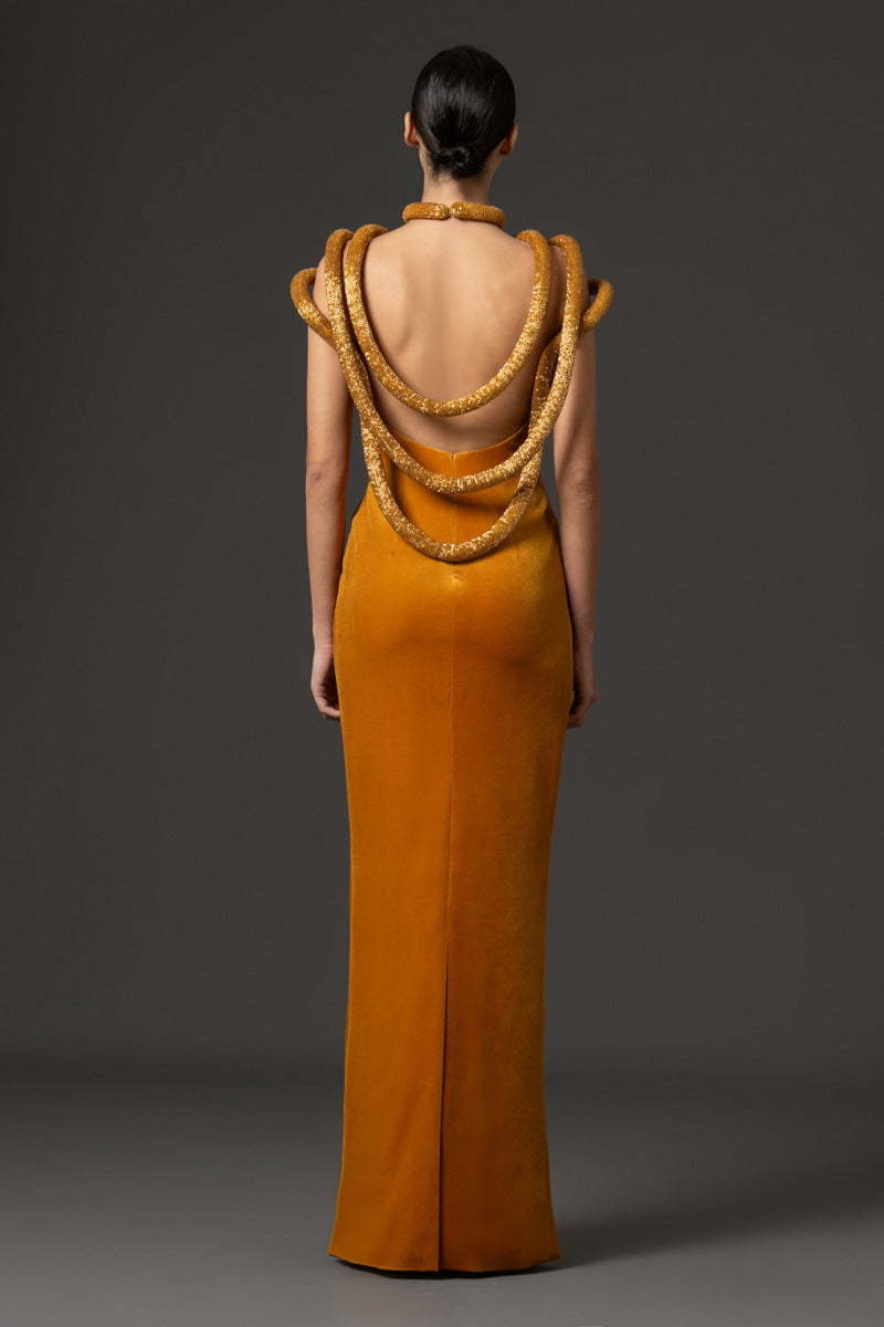 Velvet dress featuring a plunging neckline detailed with embroidered-hoop bust