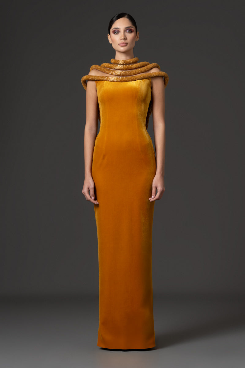 Velvet dress featuring a plunging neckline detailed with embroidered-hoop bust