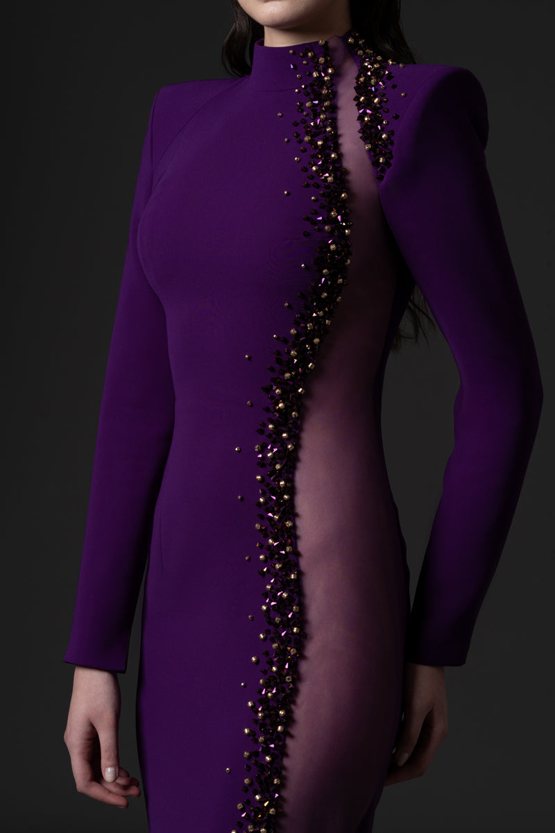 A high-neck fitted crêpe dress with long sleeves ,tulle side panel and  beadings on the borders