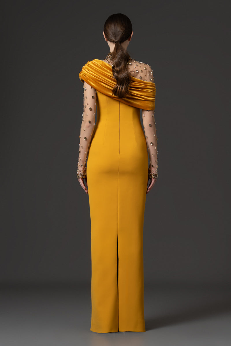 One-shoulder crêpe dress with crystal embroidered bodice