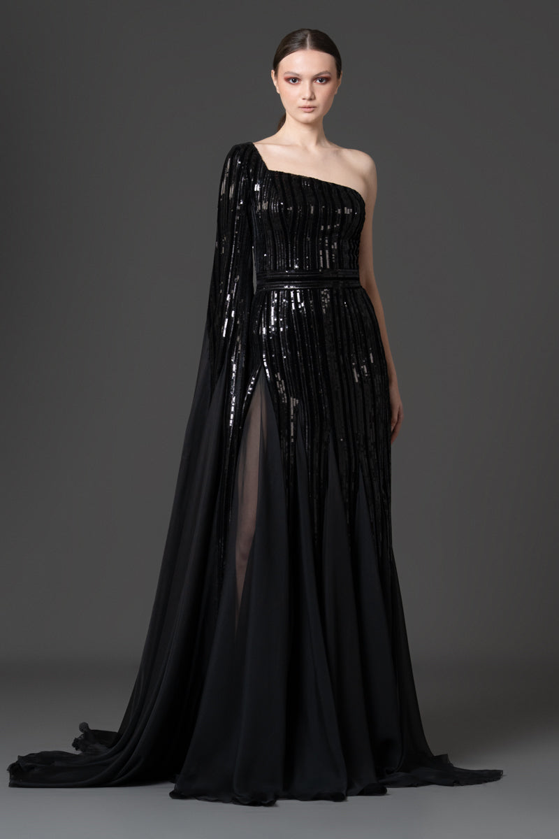 One-shoulder embroidered dress with chiffon