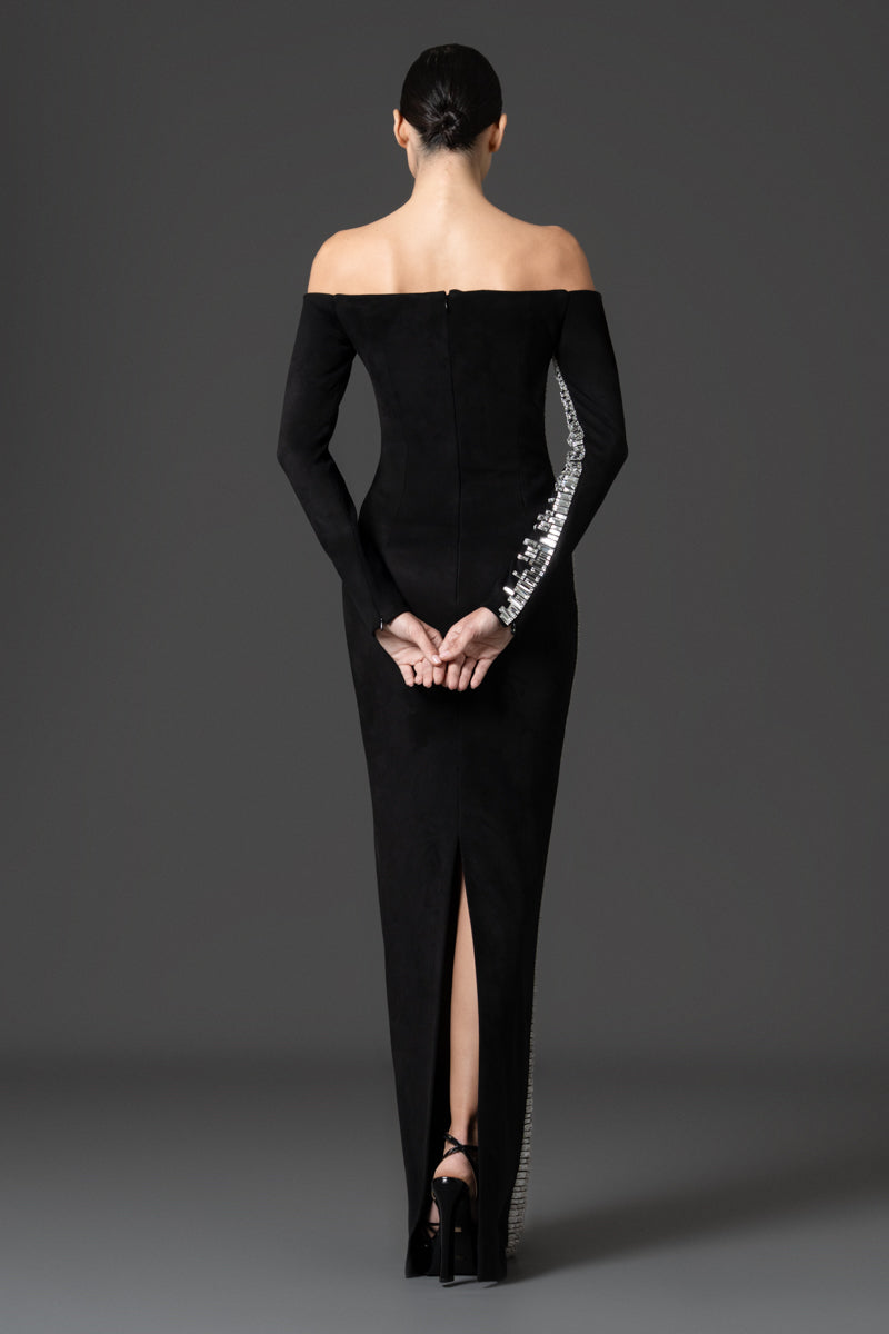 Off-the-shoulder suede gown embroidered with baguette stones
