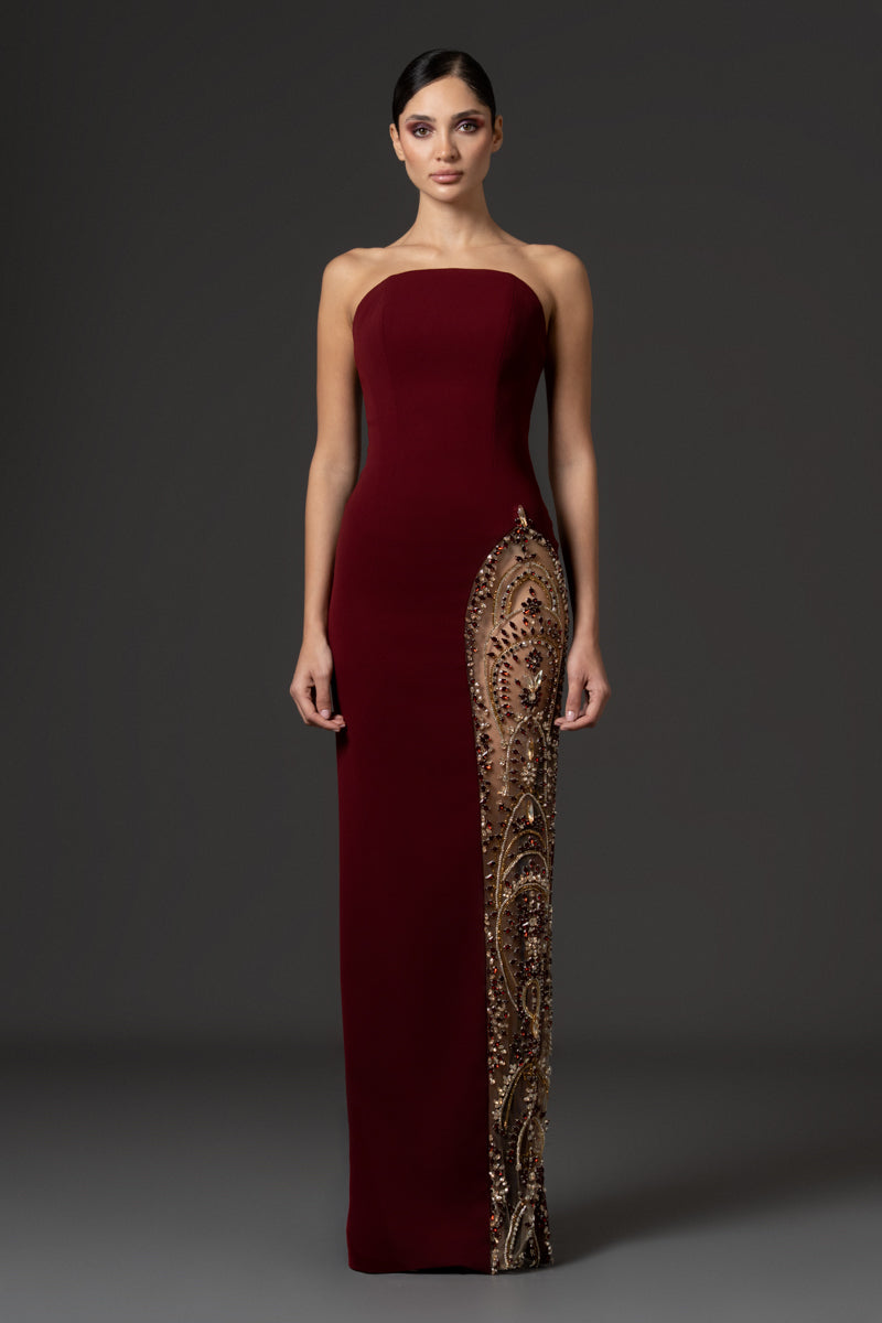 Strapless dress with side slit crystal embroidery