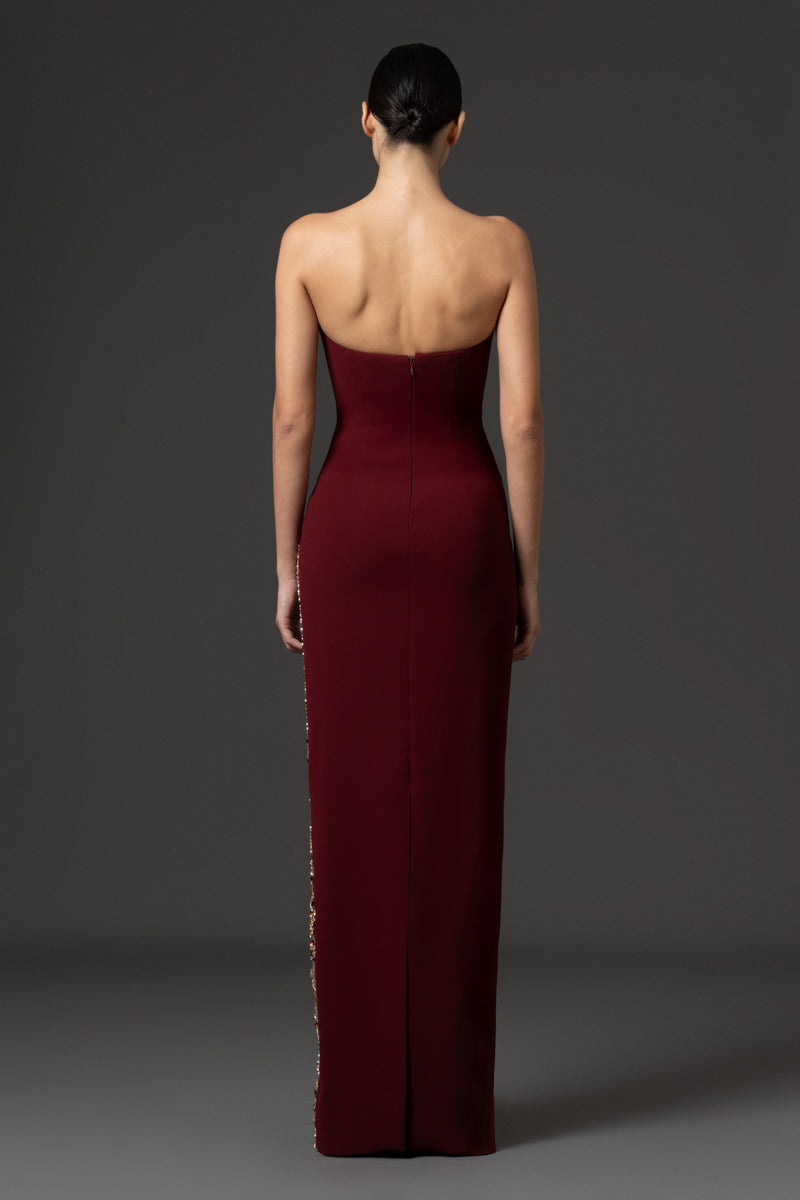 Strapless dress with side slit crystal embroidery