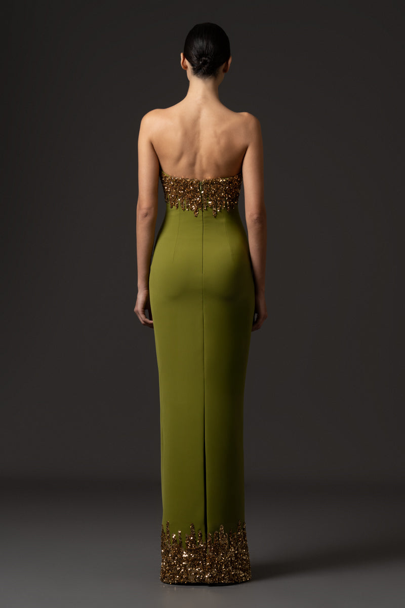 Strapless gown with embroidery on the bust and the hemline