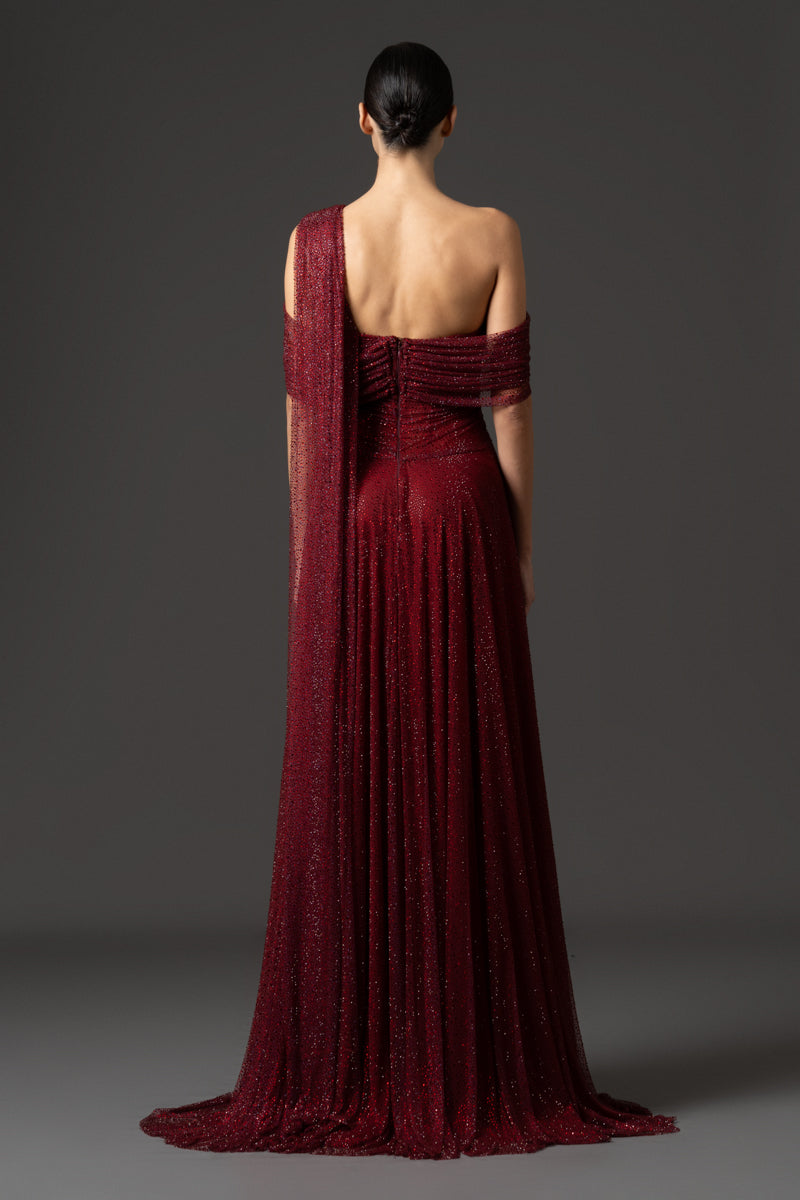 Tulle embroidered gown with a draped bust