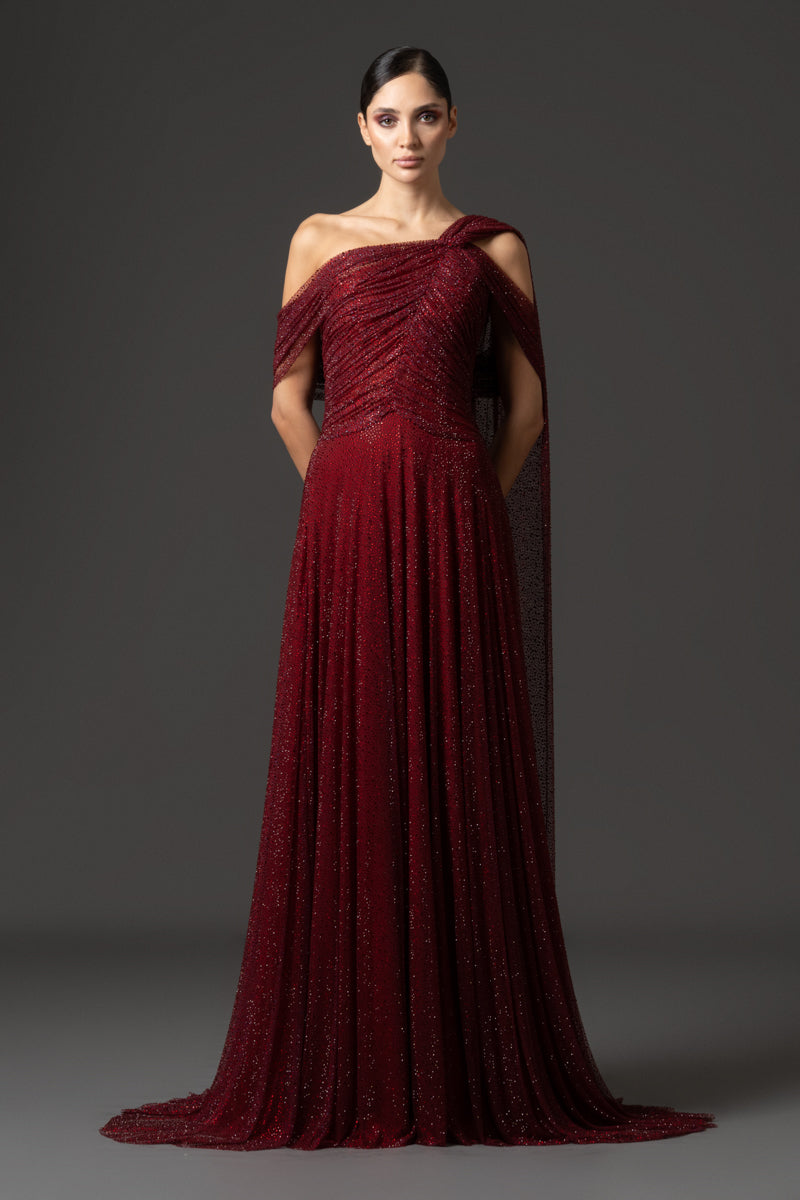 Tulle embroidered gown with a draped bust