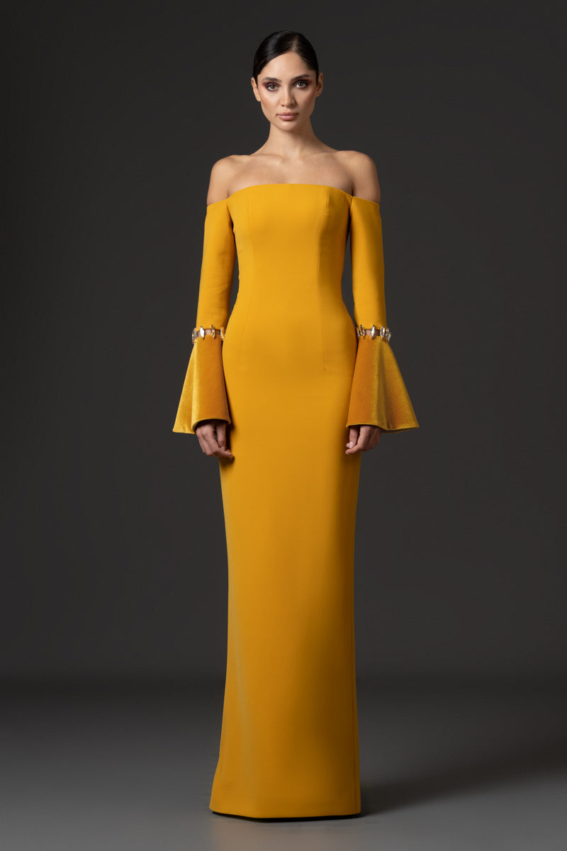 Off-the shoulder dress featuring velvet bell sleeves