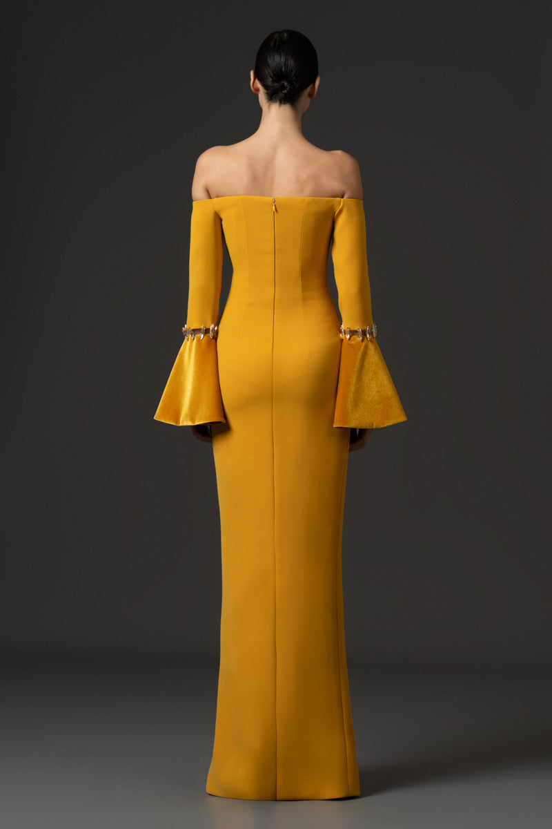 Off-the shoulder dress featuring velvet bell sleeves
