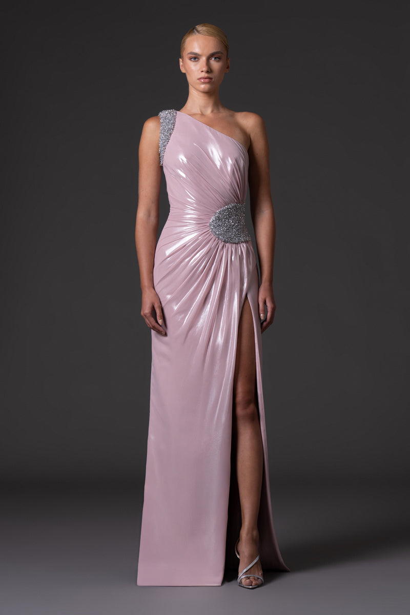 Pink Asymmetric chiffon lamé draped dress with embroidered waist buckle and shoulder pad