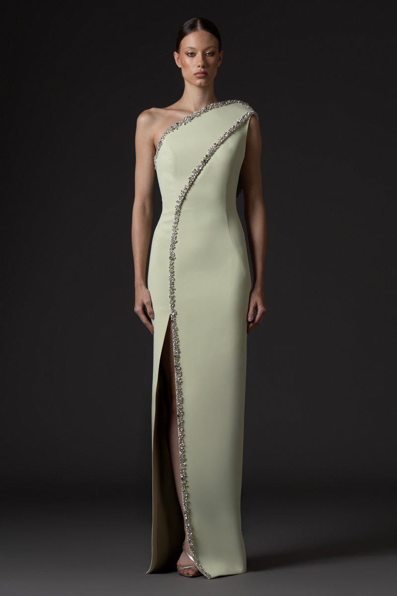 Asymmetric light pistachio crêpe dress, featuring crystal embroidered detailing