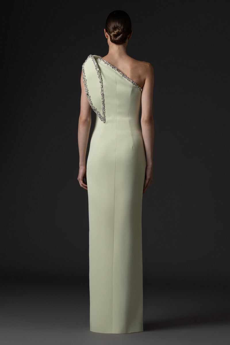 Asymmetric light pistachio crêpe dress, featuring crystal embroidered detailing