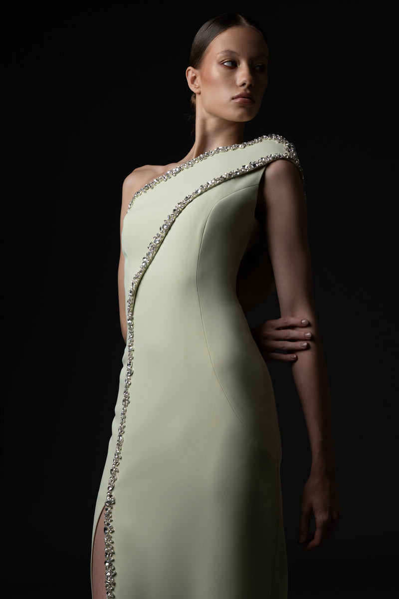 Asymmetric light pistachio crêpe dress, featuring crystal embroidered detailing