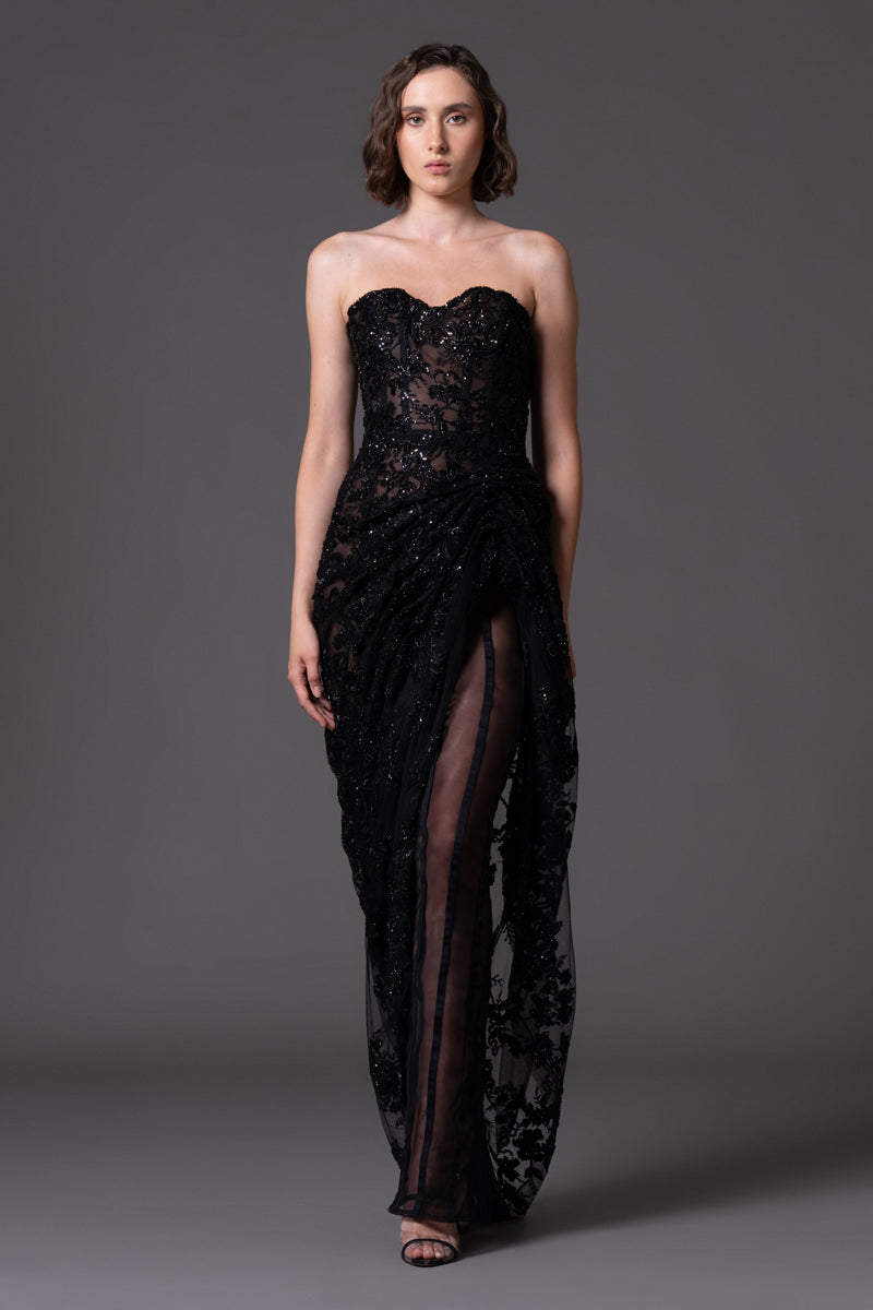 Corseted embroidered tulle gown