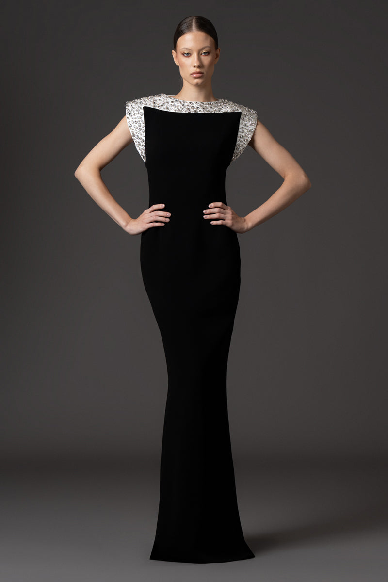 Black crêpe dress with crystal embroidered white radzimir neckline and shoulders