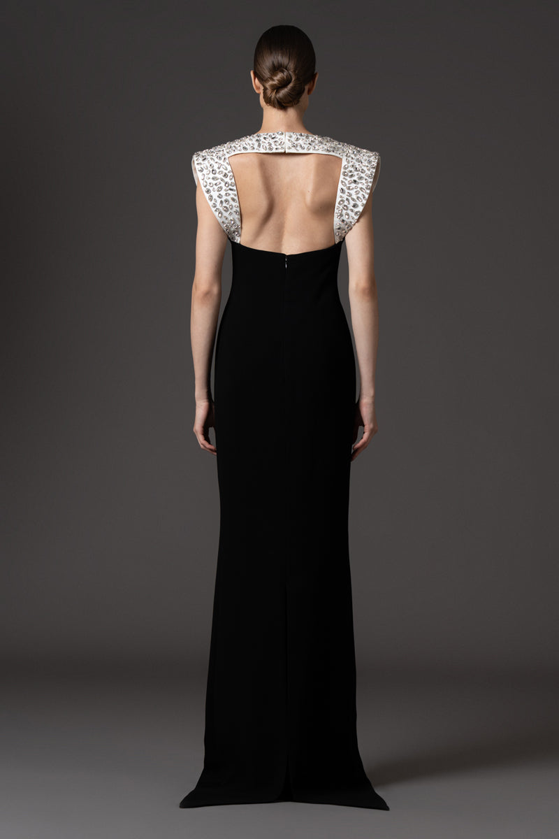 Black crêpe dress with crystal embroidered white radzimir neckline and shoulders