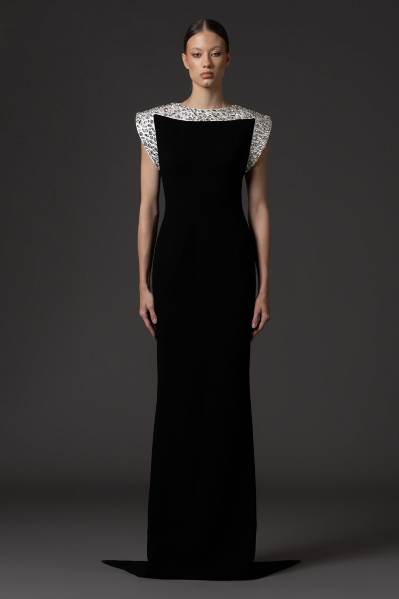 Black crêpe dress with crystal embroidered white radzimir neckline and shoulders