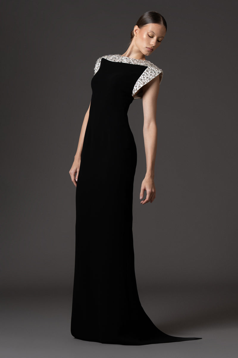 Black crêpe dress with crystal embroidered white radzimir neckline and shoulders