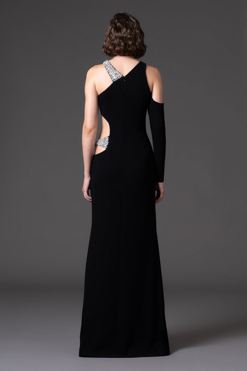 Black crêpe dress with cutouts and embroidery back