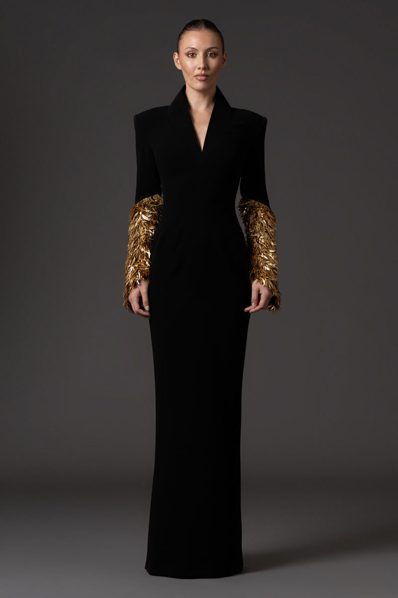 Black crêpe long-sleeve dress, featuring gold spike embroidery
