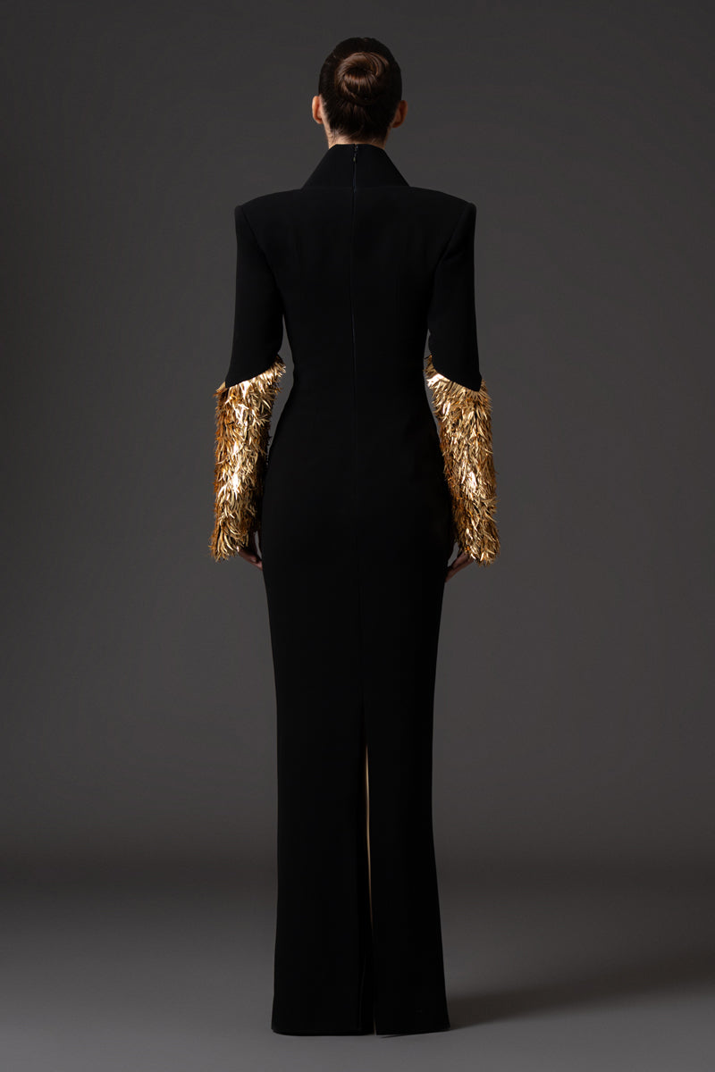 Black crêpe long-sleeve dress, featuring gold spike embroidery