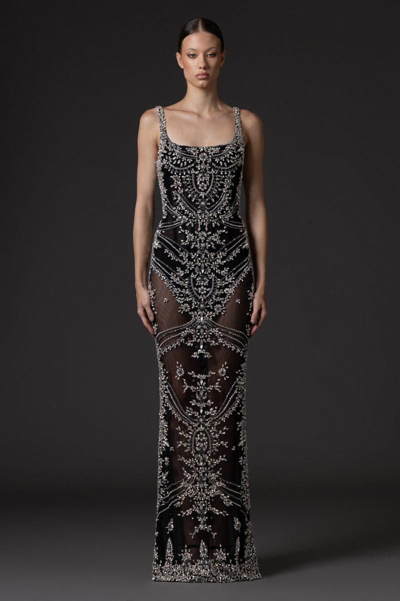 Black crystal embroidered tulle dress