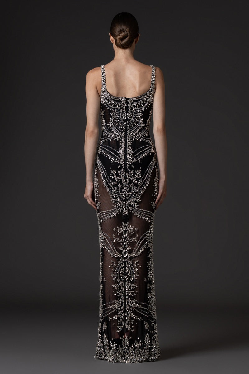 Black crystal embroidered tulle dress