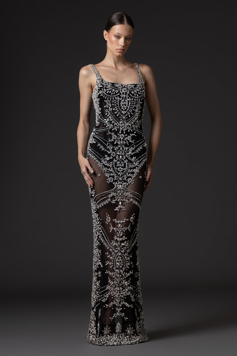 Black crystal embroidered tulle dress
