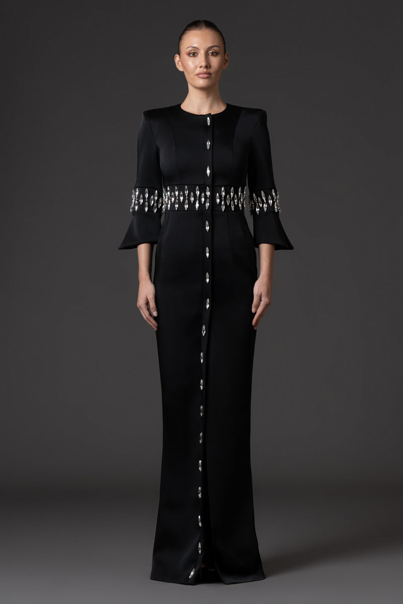 Black scuba crêpe tailored dress, featuring crystal embroidery