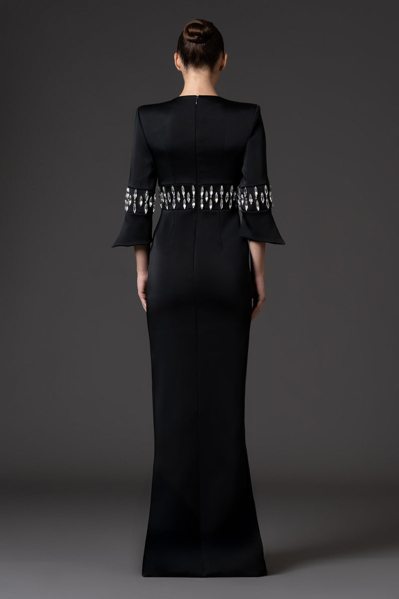 Black scuba crêpe tailored dress, featuring crystal embroidery