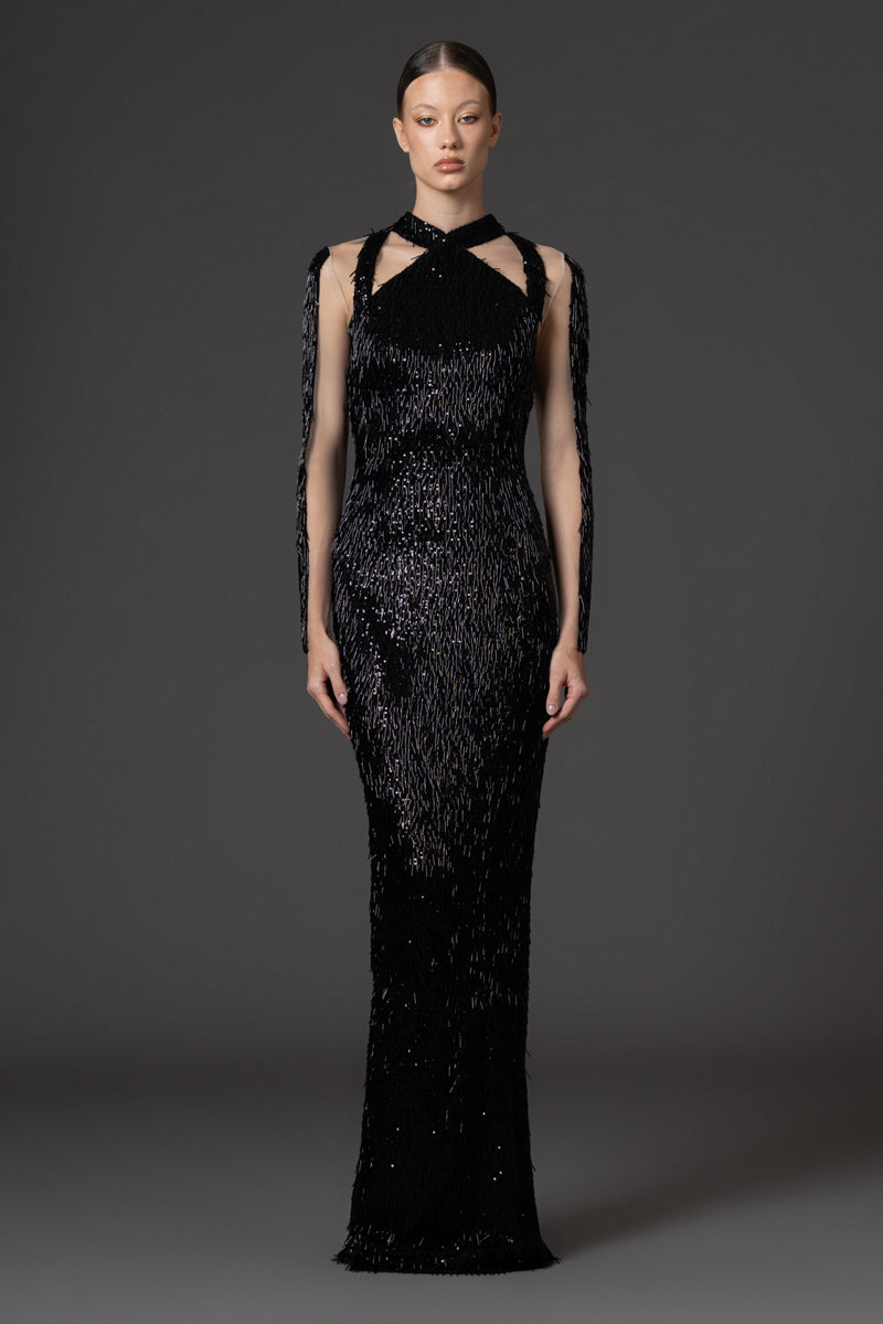 Black sequin and bugle bead embroidered dress with sheer sleeves