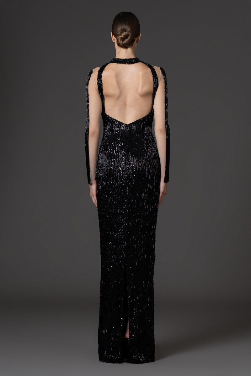 Black sequin and bugle bead embroidered dress with sheer sleeves