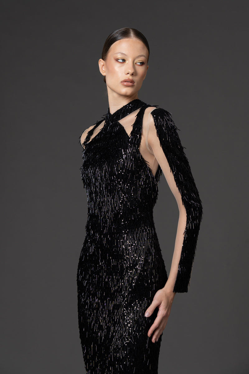 Black sequin and bugle bead embroidered dress with sheer sleeves