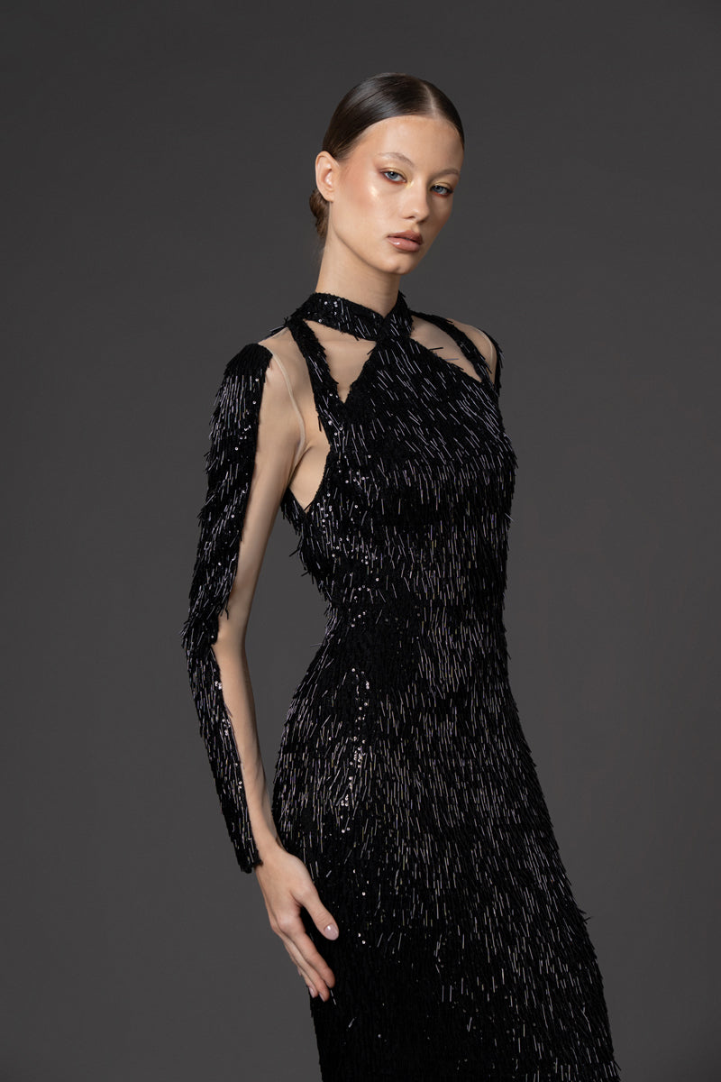Black sequin and bugle bead embroidered dress with sheer sleeves