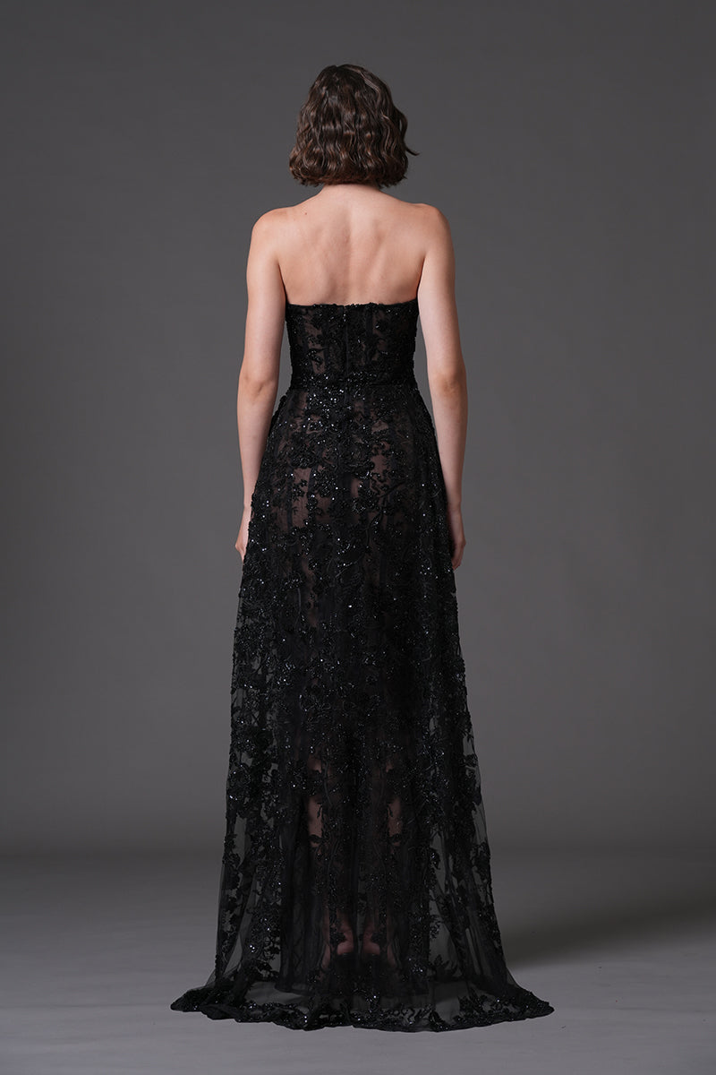 Strapless embroidered tulle gown back photo