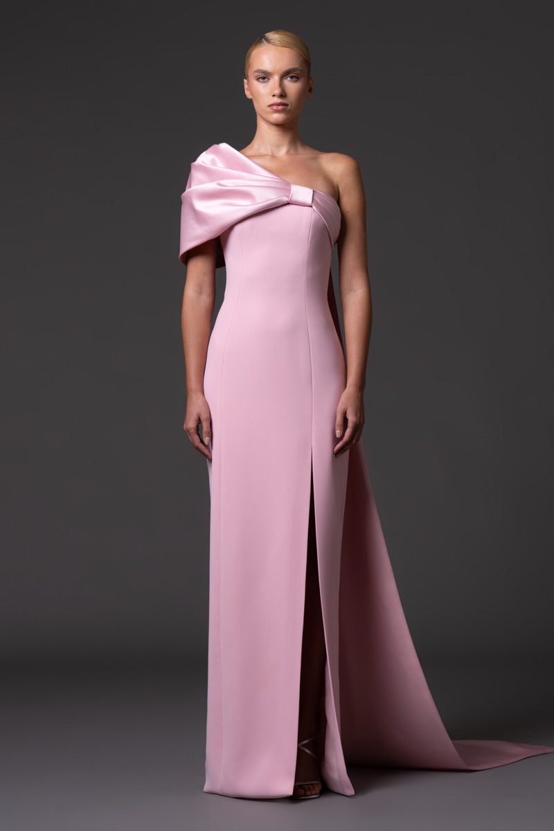 Blush pink Crêpe column gown with satin radzimir bow detail