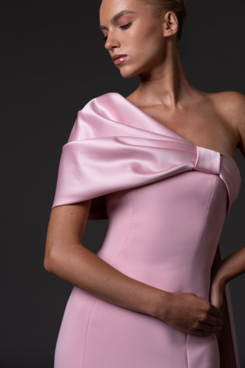 Blush pink Crêpe column gown with satin radzimir bow detail 