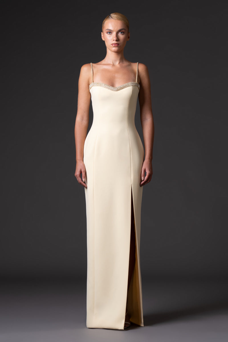 Crêpe dress with baguette embroidered neckline and straps