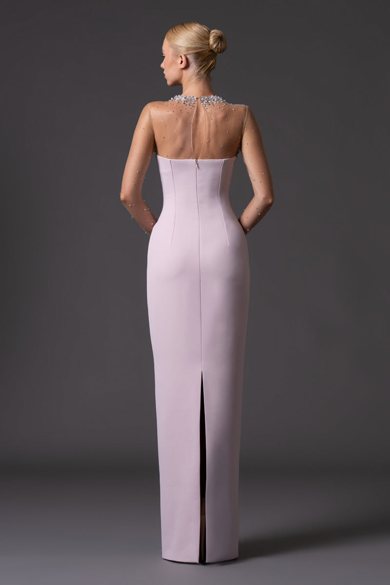 Crêpe sepia rose dress with crystal embroidered neckline and sleeves