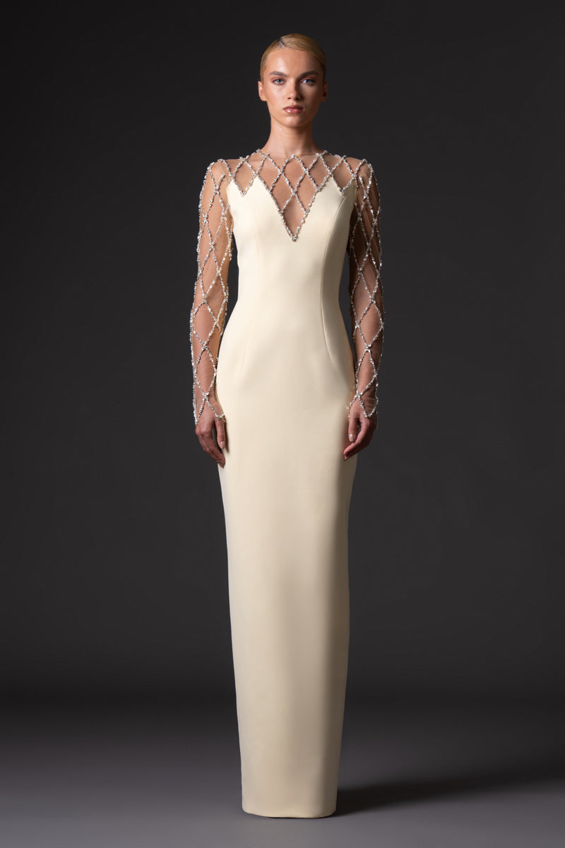 Crêpe dress with crystal grid embroidery