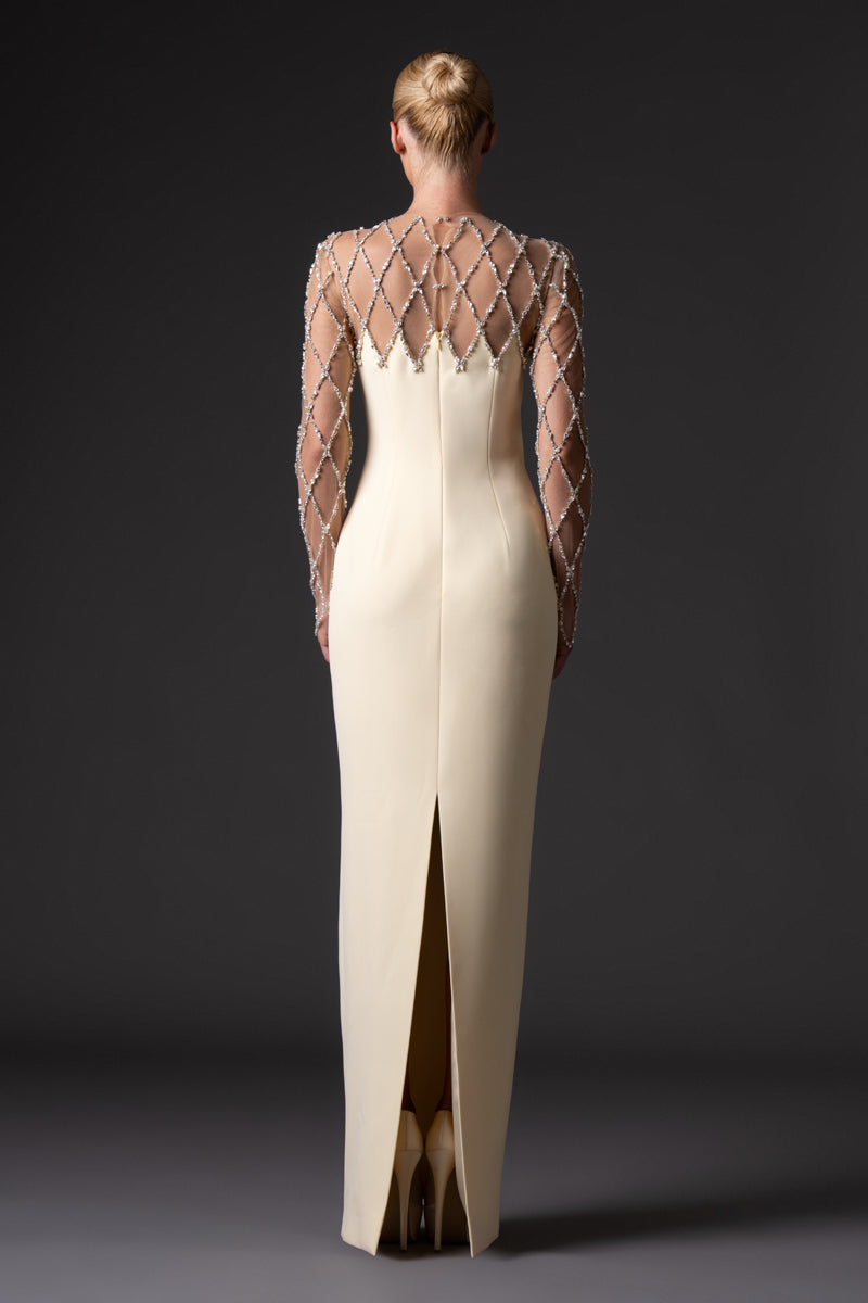 Crêpe dress with crystal grid embroidery back