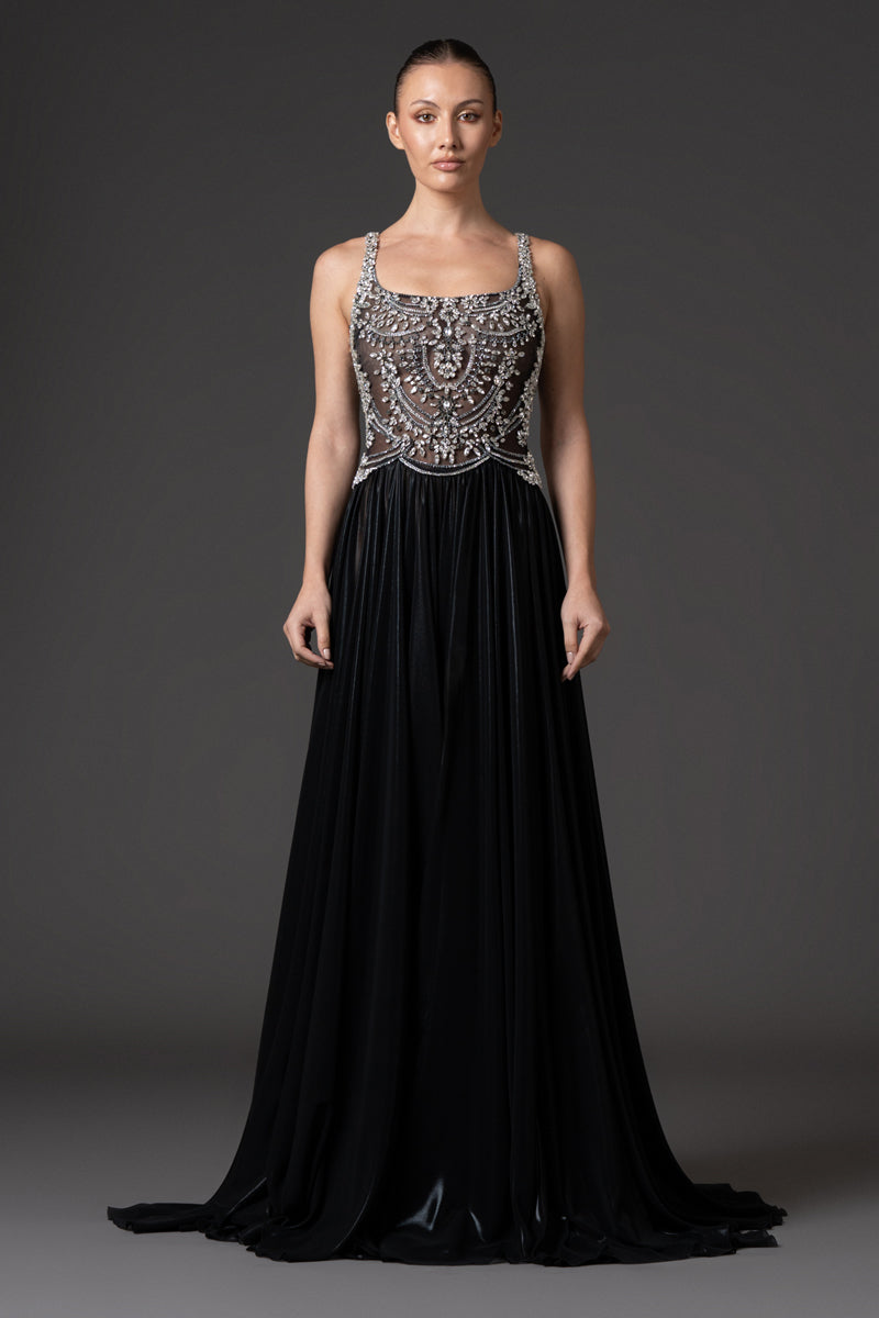 Crystal embroidered bodice with black chiffon lamé skirt
