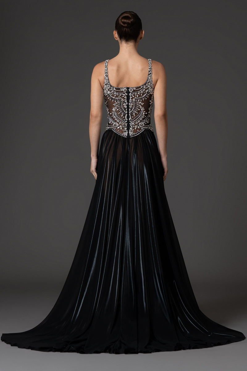 Crystal embroidered bodice with black chiffon lamé skirt