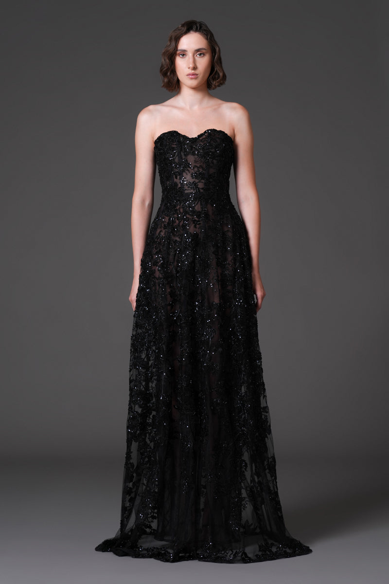 Black Strapless embroidered tulle gown