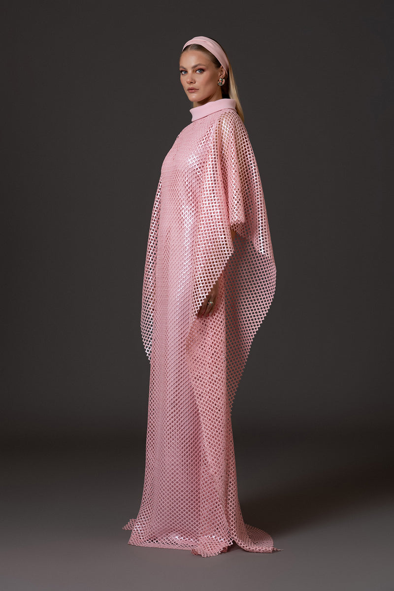 Pink crêpe abaya with embellished net