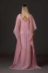 Pink crêpe abaya with embellished net