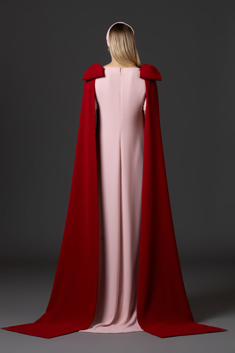 Pink crêpe abaya with open bow cape sleeves