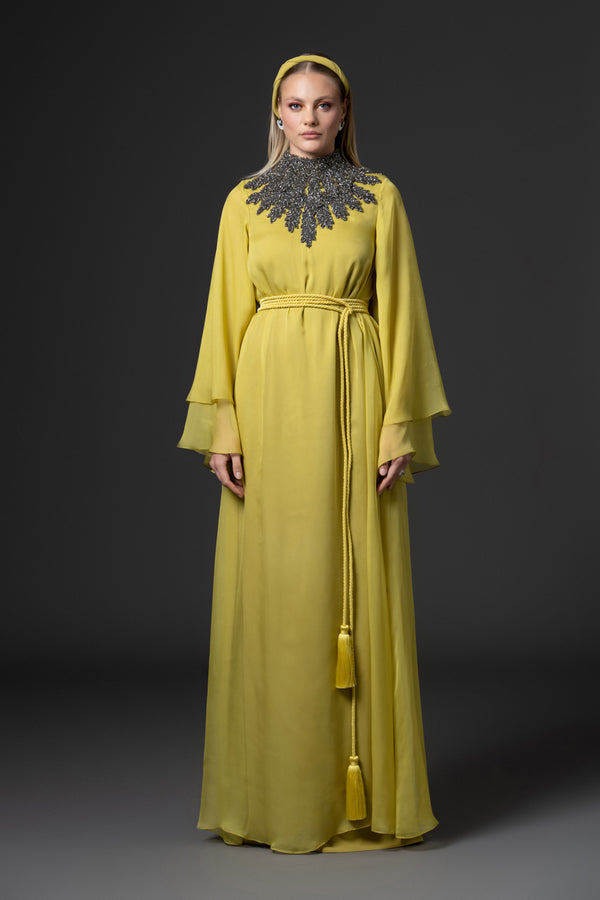 Golden olive abaya with embroidered neckline